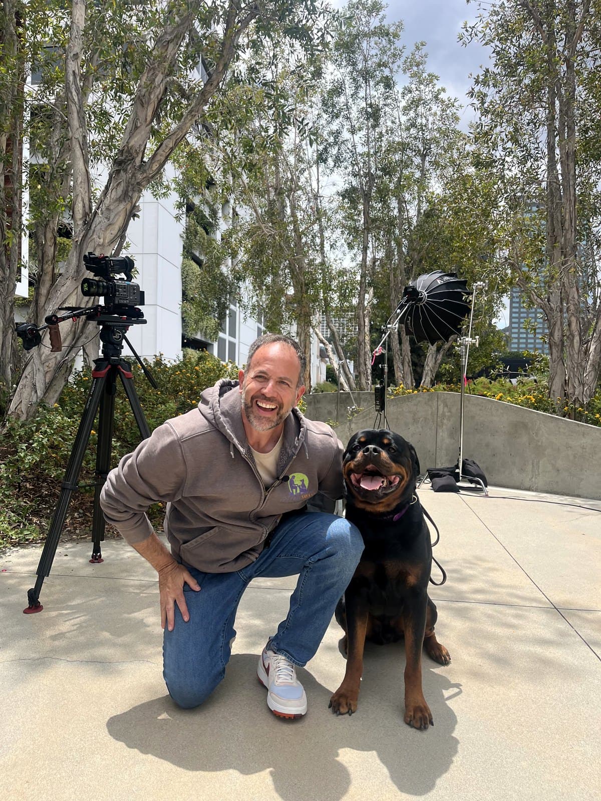 Brett Endes with a calm, attentive Rottweiler during a Los Angeles training session