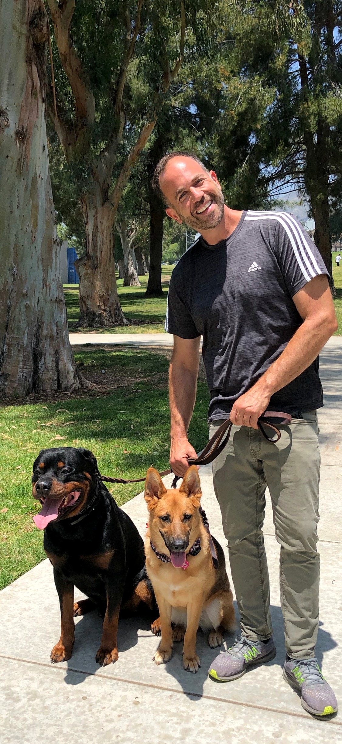 Brett Endes with a Rottweiler and a German Shepherd sitting on a loose leash at a Los Angeles park